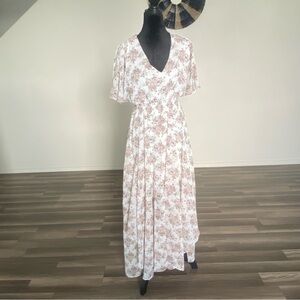Floral V-Neck Maxi Dress - Cream and Brown